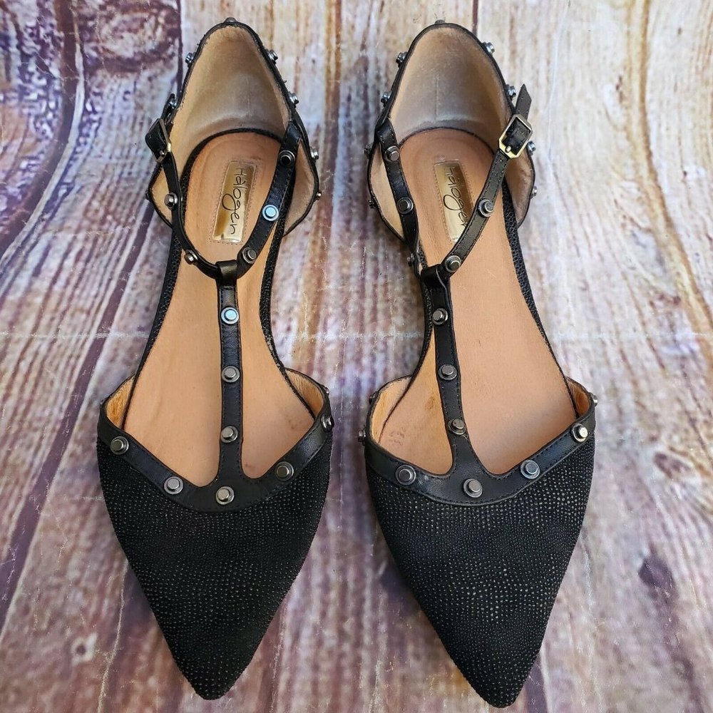 Halogen Black Studded T-Strap Pointed Flats